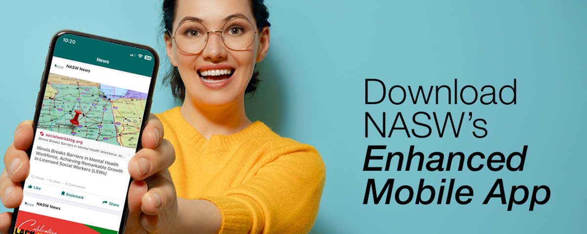 Download NASW's Enhanced Mobile App with woman smiling