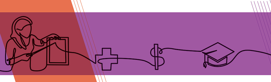 line drawing of healthcare worker, cross, dollar sign, graduation cap