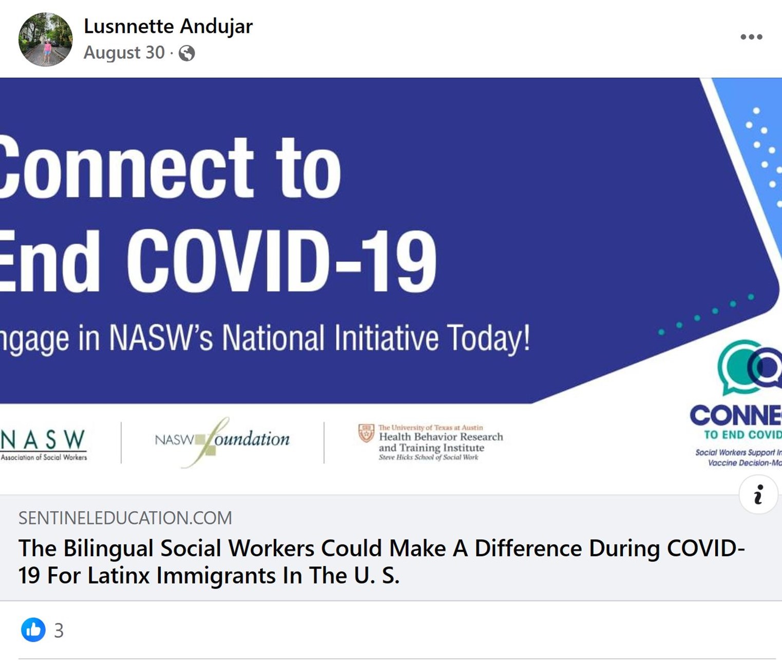 facebook post by Lusnnette Andujar shared from sentineleducation.com titled The Bilingual Social Workers could make a difference during COVID-19 for latinx immigrants in the US with the Connect to End COVID-19 logo