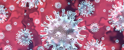 microscopic view of round coronavirus molecules